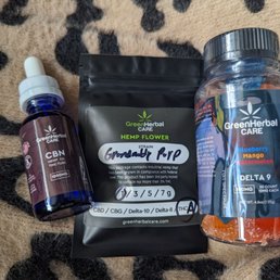 CBN tincture to help with sleep, granddaddy purp hemp flower, and Delta 9 Gummies to help with anxiety CBN tincture to help with sleep, granddaddy purp hemp flower, and Delta 9 Gummies to help with anxiety