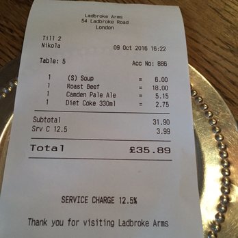 The Ladbroke Arms - Bill for two - Gastropubs Near Me - London, XGL