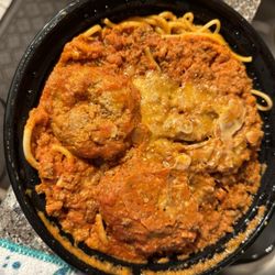 Al Dente Fresh Pasta - Fried zucchini and pasta bolognese with meatballs. Delicious meal