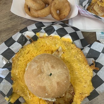 Squeeze Burger - A teriyaki chicken burger and onion rings - Burgers Near Me - Sonora, California