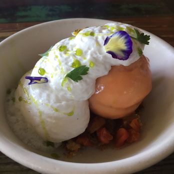 Odd Duck - Coconut lime yogurt with carrot sorbet - American Near Me - Austin, Texas Odd Duck - Coconut lime yogurt with carrot sorbet - American Near Me - Austin, Texas