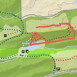 Hopeland Trails - The way we traveled. We took the yellow around the red reaching to the start of yellow. Updating a sign would be helpful.