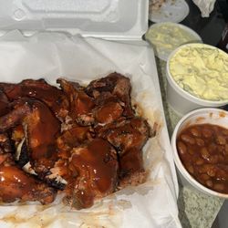 Modified Big Den Den special that comes with 2 sides, 2 slices of brisket, 3 wings and turkey tips.