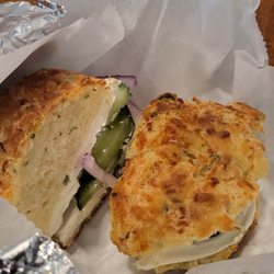 Brew Ha Ha - Veggie works on a cheddar chive biscuit