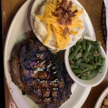 Texas Roadhouse - 14 oz Ft. Worth Ribeye* Mashed Potatoes with cheddar cheese bacon and green beans. - Steakhouses Near Me - Queensbury, New York Texas Roadhouse - 14 oz Ft. Worth Ribeye* Mashed Potatoes with cheddar cheese bacon and green beans. - Steakhouses Near Me - Queensbury, New York