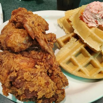 Metro Diner - Chicken & Waffles w/ Strawberry Butter (comes w/ 1/2 chicken, waffle, strawberry butter and the best spicy syrup -not pictured) - American Near Me - Tampa, Florida Metro Diner - Chicken & Waffles w/ Strawberry Butter (comes w/ 1/2 chicken, waffle, strawberry butter and the best spicy syrup -not pictured) - American Near Me - Tampa, Florida