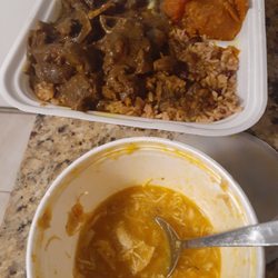 Jerk Flavors Restaurant & Lounge - Curry Goat ,Rice Beans & Yams  Home made chicken noodle soup