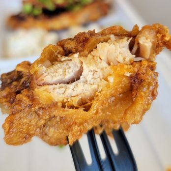 Ai Pono Cafe - Guava Chicken: Skin was so tough to poke the fork through that it bent part of the fork. Meat was clearly overcooked and dry. - Asian Fusion Near Me - Costa Mesa, California