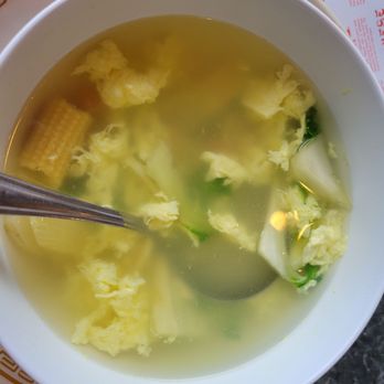 Chinese Village - Delicious egg flower soup with peas, carrots, baby corn, snap peas & bok choy - Chinese Near Me - Aberdeen, Washington