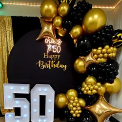 The Hidden Gem Event Space - Event Decorations By The Hidden Gem- Balloon Garland- Curtain Backdrop- Round Backdrop with happy birthday black cover- neon sign