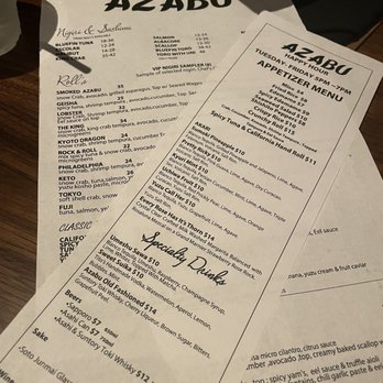 Azabu - Happy hour menu with the regular one underneath!! - Japanese Near Me - Whittier, California Azabu - Happy hour menu with the regular one underneath!! - Japanese Near Me - Whittier, California