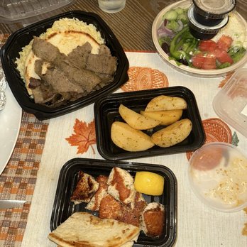 Mediterranean Express - Lamb Gyro Platter, Chicken Kebab Skewer, lemon potatoes, green salad - Greek Near Me - Bay Shore, New York Mediterranean Express - Lamb Gyro Platter, Chicken Kebab Skewer, lemon potatoes, green salad - Greek Near Me - Bay Shore, New York