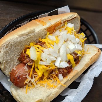Lucy's on Lighthouse - Dunes Dog. Chili, cheese, mustard. Added onions. - Hot Dogs Near Me - Pacific Grove, California Lucy's on Lighthouse - Dunes Dog. Chili, cheese, mustard. Added onions. - Hot Dogs Near Me - Pacific Grove, California