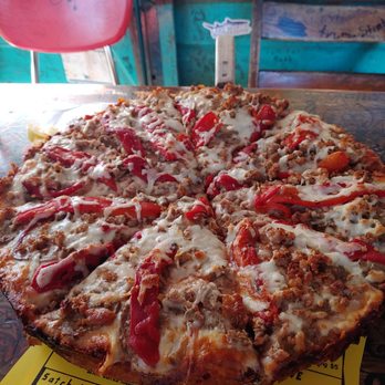Satchel's Pizza - Satch Pan with sausage, meatball, and red peppers - Pizza Near Me - Gainesville, Florida