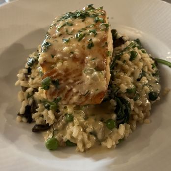 Cafe Villa - Salmon with cheesy risotto and mushrooms and peas - Italian Near Me - San Rafael, California Cafe Villa - Salmon with cheesy risotto and mushrooms and peas - Italian Near Me - San Rafael, California