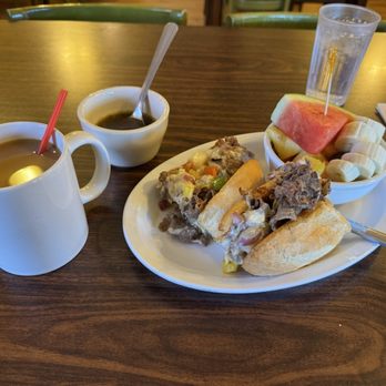 Farmhouse Restaurant - Philly steak, side of fruit and au jus and coffee. - American Near Me - Benson, Arizona Farmhouse Restaurant - Philly steak, side of fruit and au jus and coffee. - American Near Me - Benson, Arizona