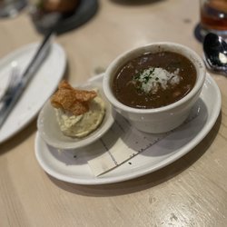 Smoked chicken & sausage gumbo (AWESOME), served with a side of potato salad with a little chicharron on top