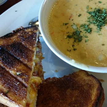 Coffee Republic - classic bacon grilled cheese with corn chowder..bit burnt... - Cafes Near Me - Folsom, California