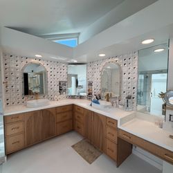 CustomBuilt-ins.com - Rift oak custom master bath vanities and makeup area Irvine Orange County Rouleau Interior Designer