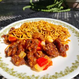 Beijing Beef with a bit of Kung Pao chicken and Chow Mein Noodles.