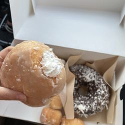 Dough J's Chicken and Donuts - Chocolate coconut donut, cream filled donut, glazed donut holes
