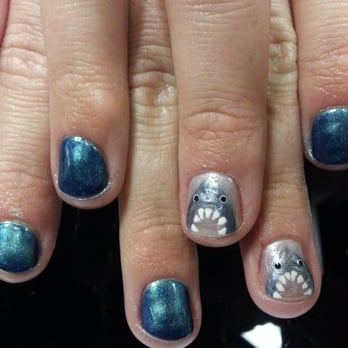 Salon Yoo - Mermaid nail polish with shark designs on accent nails. Traditional polish mani. - Hair Salons Near Me - Rancho Cucamonga, California Salon Yoo - Mermaid nail polish with shark designs on accent nails. Traditional polish mani. - Hair Salons Near Me - Rancho Cucamonga, California