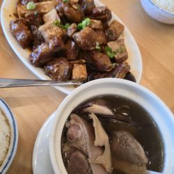 Stir fried pork ribs , pork knuckle soup