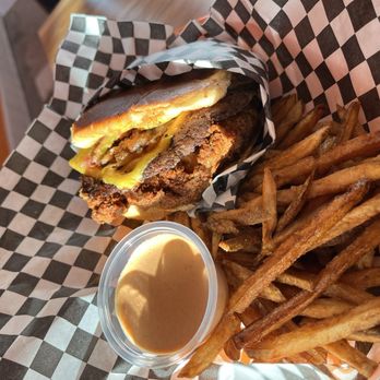 Shake'Hen Buns - Smash burger with chicken sandwich combo w/fries - Burgers Near Me - Bellflower, California