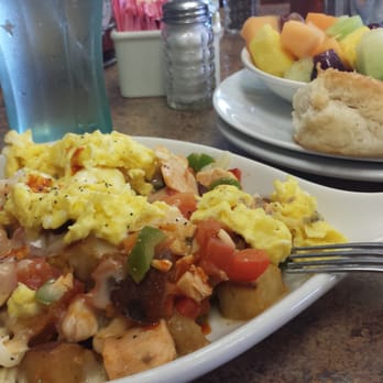 Bajis Cafe - West Coast Scramble with a side of fruit and a biscuit (instead of toast) - Breakfast & Brunch Near Me - Mountain View, California