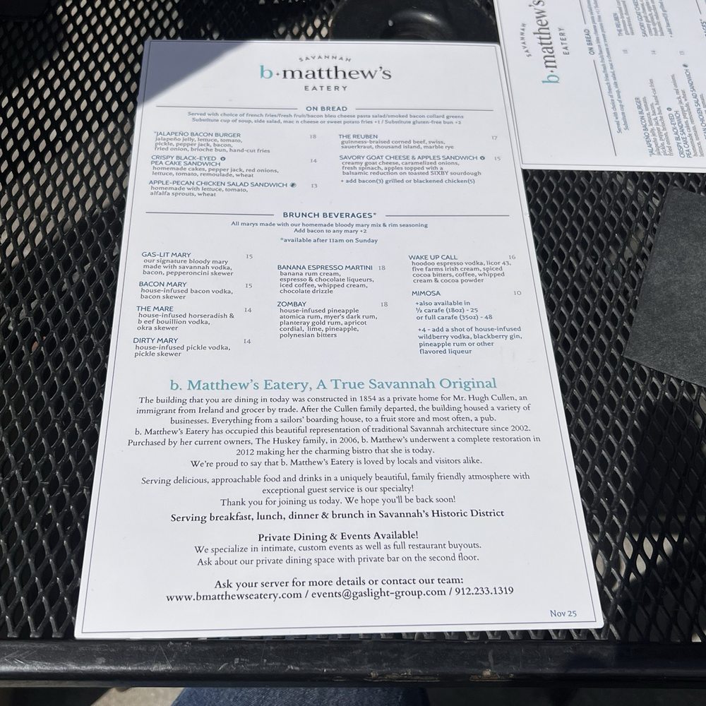 B Matthews Eatery - Menu - New American Near Me - Savannah, Georgia