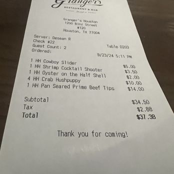 Granger's - Happy hour bill for two. Not bad at all, and was enjoyable. - Seafood Near Me - Houston, Texas