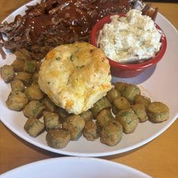 Chipped Angus Beef, Fried Okra, Potato Salad and garlic cheese biscuit Chipped Angus Beef, Fried Okra, Potato Salad and garlic cheese biscuit