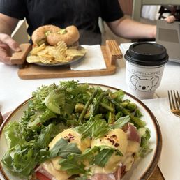 Avocado Benedict and matcha latte.