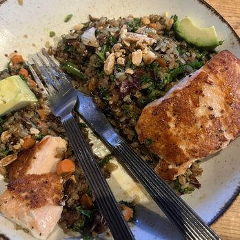 Press Café - Aledo - Started to eat before I took my pic. Ancient Grain Rice Bowl with salmon. - American Near Me - Aledo, Texas Press Café - Aledo - Started to eat before I took my pic. Ancient Grain Rice Bowl with salmon. - American Near Me - Aledo, Texas