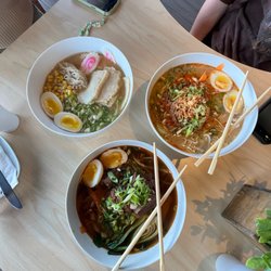 Taro Noodle House - Left: Taro's Miso Ramen Right: Dan Dan Ramen Middle: Sichuan Beef Lai Mein