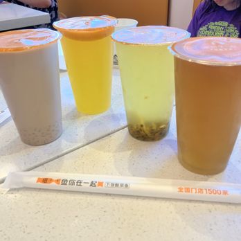 Fish With You - specialty drinks:  Wheat Flavoured Milk Tea, Iced Lemon Tea, Orange Fruit Tea and the Passion Fruit tea - Chinese Near Me - Burnaby, British Columbia