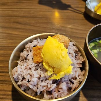 Modoo Hansang - Purple rice, side dishes. The potato salad is made with pumpkin as well. - Korean Near Me - Bothell, Washington