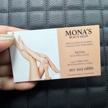 Mona’s Beauty Salon - Mona's business card. She is the sweetest! - Threading Services Near Me - Placentia, California Mona’s Beauty Salon - Mona's business card. She is the sweetest! - Threading Services Near Me - Placentia, California