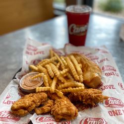 Raising Cane's Chicken Fingers - This is a 3 piece chicken meal, the pieces are a good size. The meal comes with great dipping sauce, a good amount of fries and a drink.