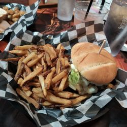 Pickle Barrel Cafe & Sports Pub - Milledgeville - Double Mushroom and Swiss Burger with natural cut Fries