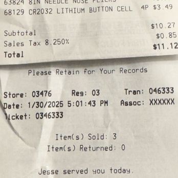 Harbor Freight Tools - 1/30/2025:  Receipt. - Hardware Stores Near Me - Placerville, California