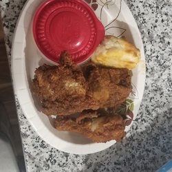 Dark, cold, old, chicken. Not fresh.