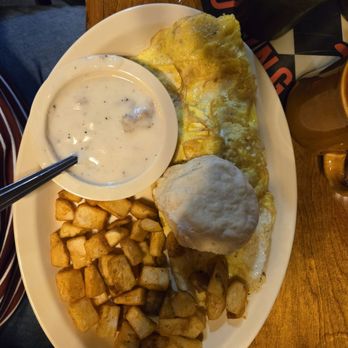 Shirley's Restaurant - Sausage and cheese omelet, fried potatoes and a little sausage gravy - Southern Near Me - Lake City, Florida Shirley's Restaurant - Sausage and cheese omelet, fried potatoes and a little sausage gravy - Southern Near Me - Lake City, Florida