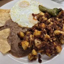Chorizo potatoes w egg and beans