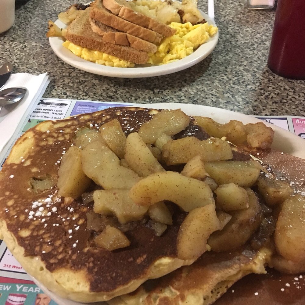 Lou Roc's Diner - Apple and cinnamon pancakes with eggs and home fries - Diners Near Me - Worcester, Massachusetts