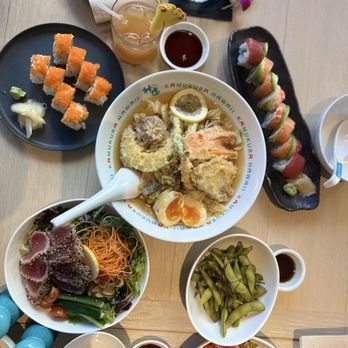 Kamukura Surf + Dine - Tempura yuzu ramen, with salad, assorted sushi - Ramen Near Me - Honolulu, Hawaii Kamukura Surf + Dine - Tempura yuzu ramen, with salad, assorted sushi - Ramen Near Me - Honolulu, Hawaii