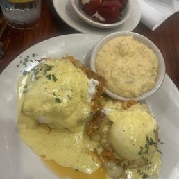 Salmon, eggs, Benedict, Gouda grits and stuffed strawberries Salmon, eggs, Benedict, Gouda grits and stuffed strawberries