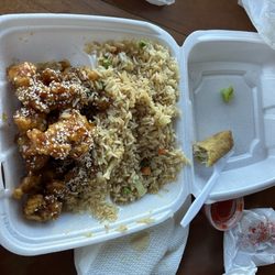 Rice House - Sesame chicken with rice and pork eggroll