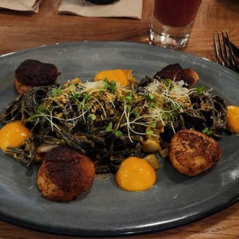 Plank Provisions - Scallops with squid ink linguini - Seafood Near Me - Austin, Texas Plank Provisions - Scallops with squid ink linguini - Seafood Near Me - Austin, Texas