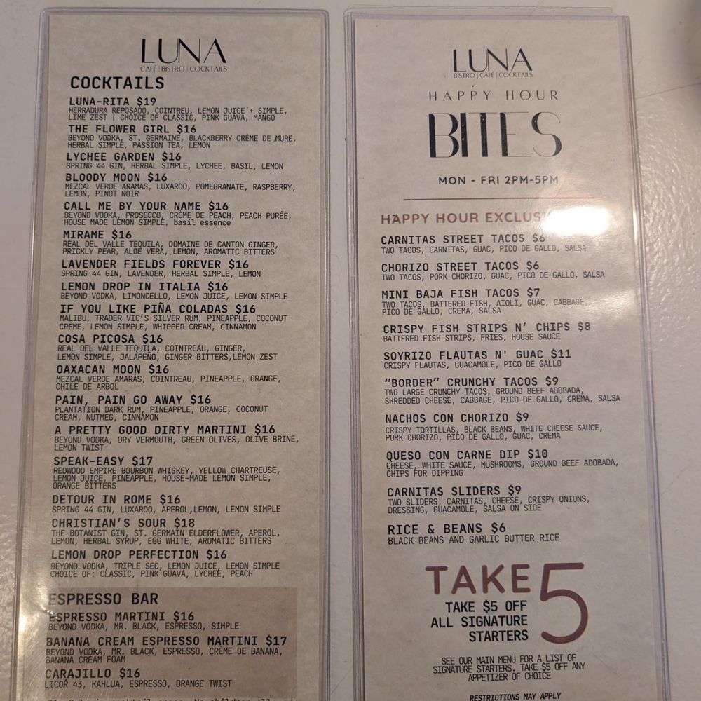 Luna Bistro Cafe - Happy hour menu 2026 - New American Near Me - Long Beach, California Luna Bistro Cafe - Happy hour menu 2026 - New American Near Me - Long Beach, California